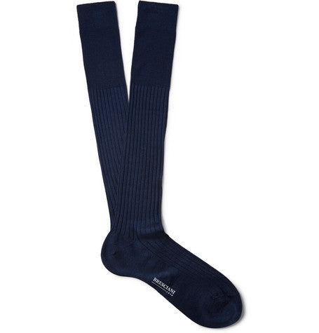 Navy Ribbed Knee-Length Cashmere/Silk Bresciani Socks