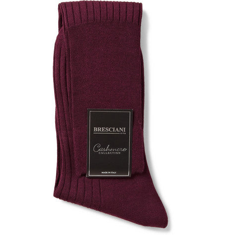 Burgundy Ribbed Knee-Length Cashmere/Silk Bresciani Socks