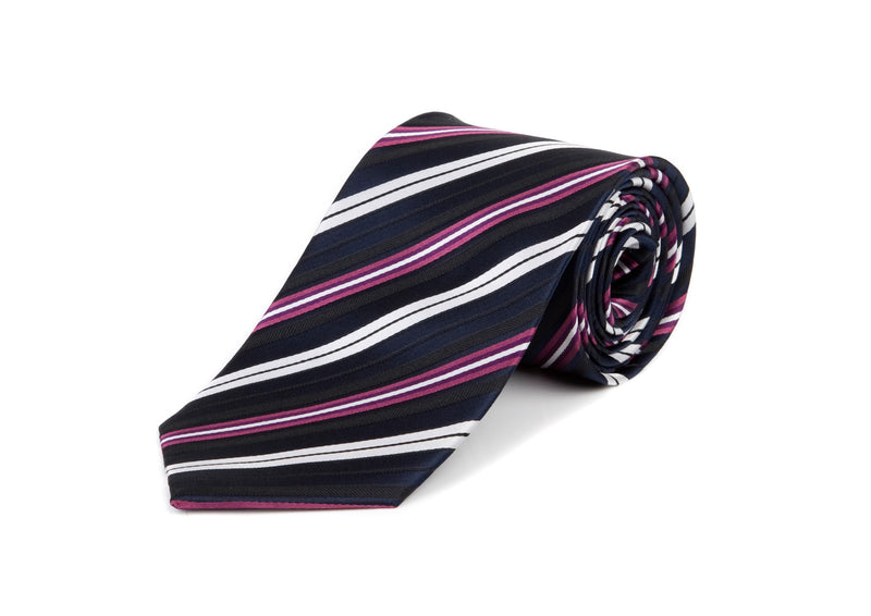 Blue, Pink & White Striped 100% Silk Tie